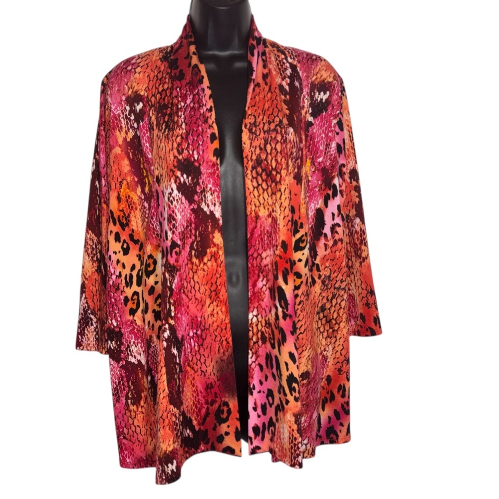 Slinky Brand Cardigan Open Front Bracelet Sleeves Fiery Animal Print Size Medium